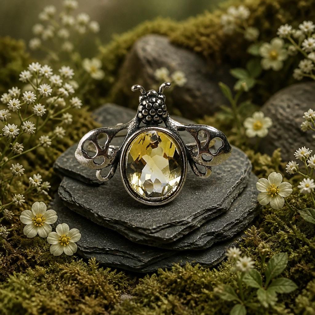Honey Bee Ring with Faceted Citrine in 925 Sterling Silver & Adjustable Band Celtic Dragon Jewellery