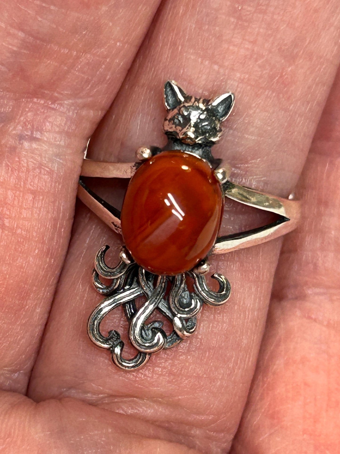 Red Jasper Nine-Tailed Fox Ring, Adjustable 925 Sterling Silver Kitsune Fantasy Jewellery Celtic Dragon Jewellery