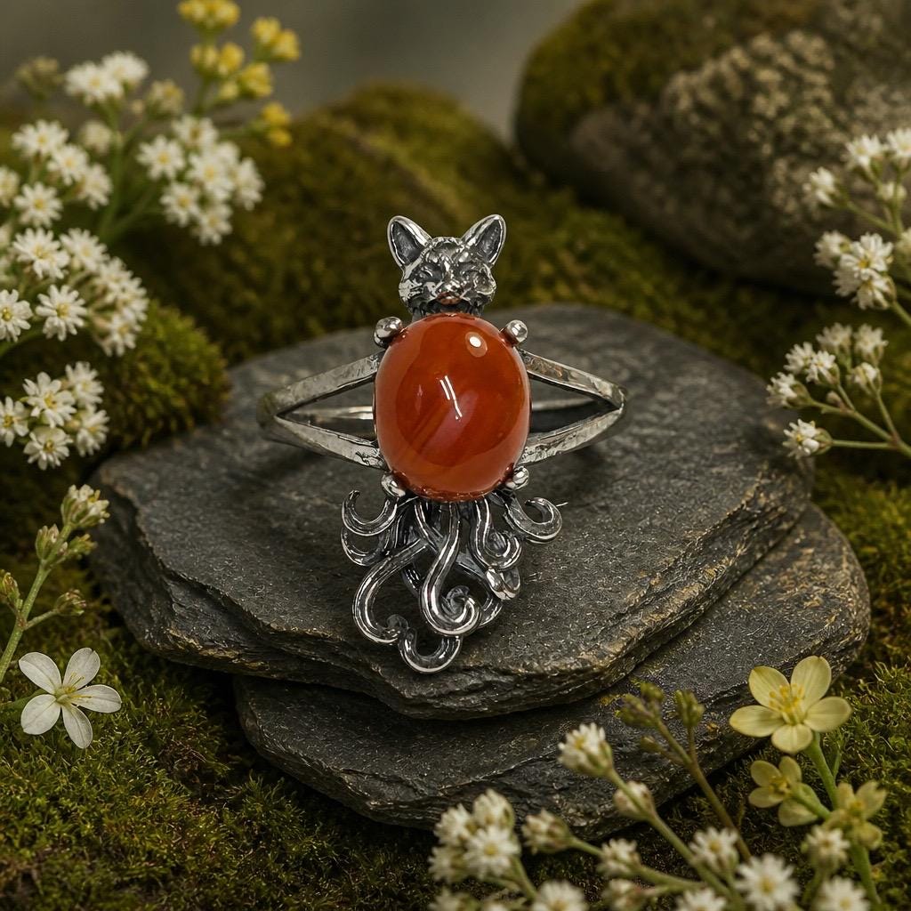 Red Jasper Nine-Tailed Fox Ring, Adjustable 925 Sterling Silver Kitsune Fantasy Jewellery Celtic Dragon Jewellery
