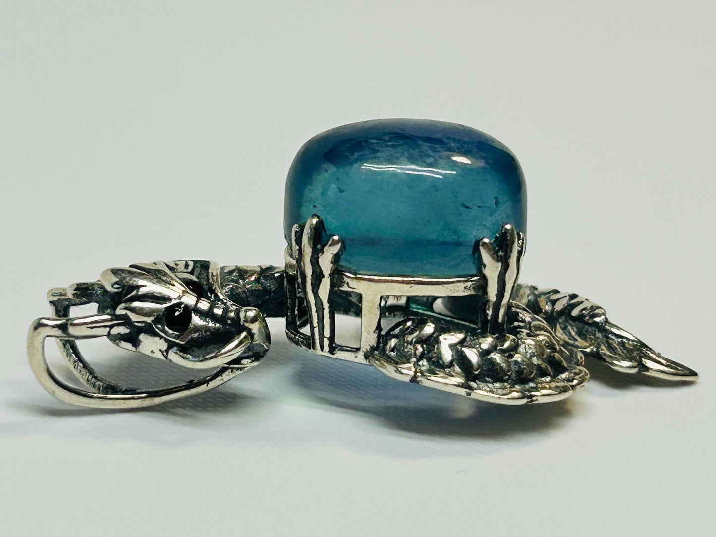 Dragon Pendant with Aquamarine in 925 Sterling Silver - Aged Dark Fantasy Mythical Creature Amulet Celtic Dragon Jewellery