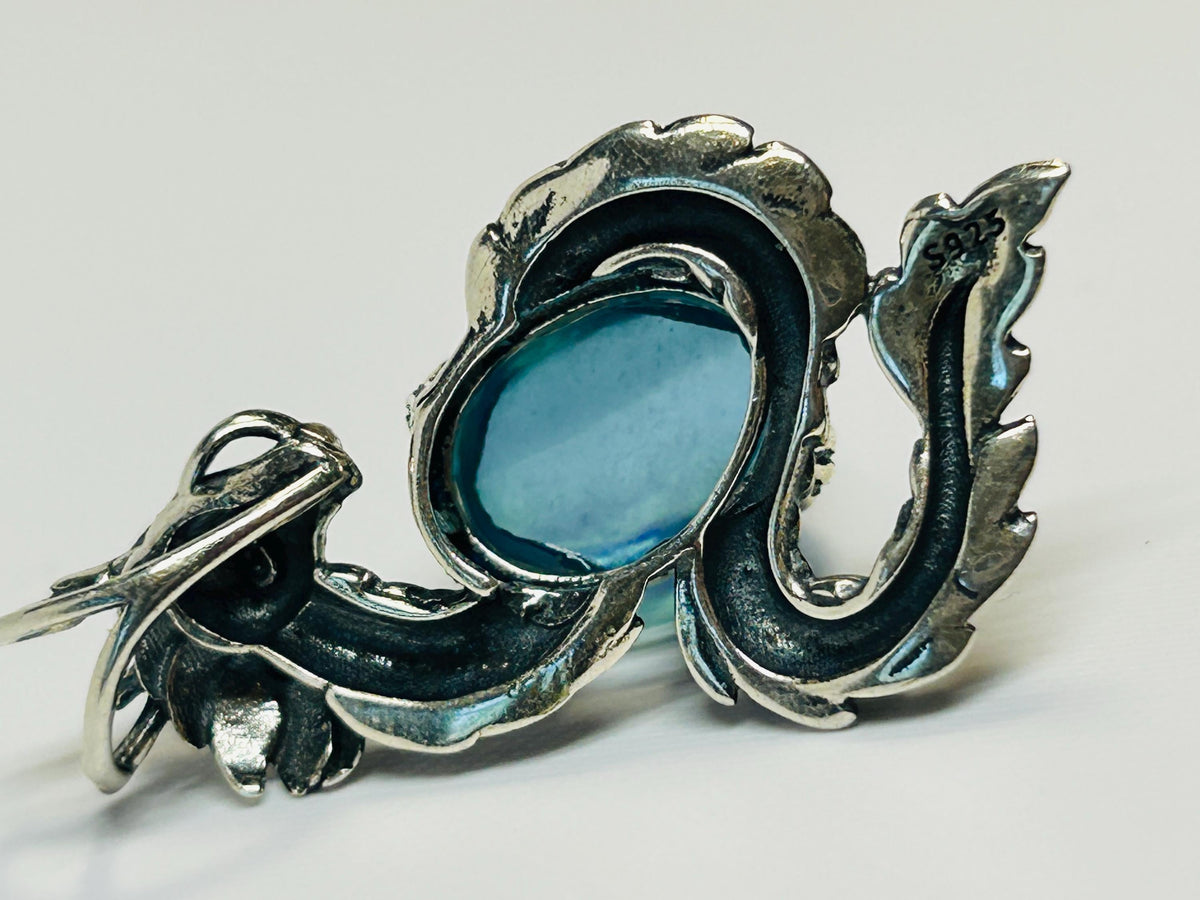 Dragon Pendant with Aquamarine in 925 Sterling Silver - Aged Dark Fantasy Mythical Creature Amulet Celtic Dragon Jewellery