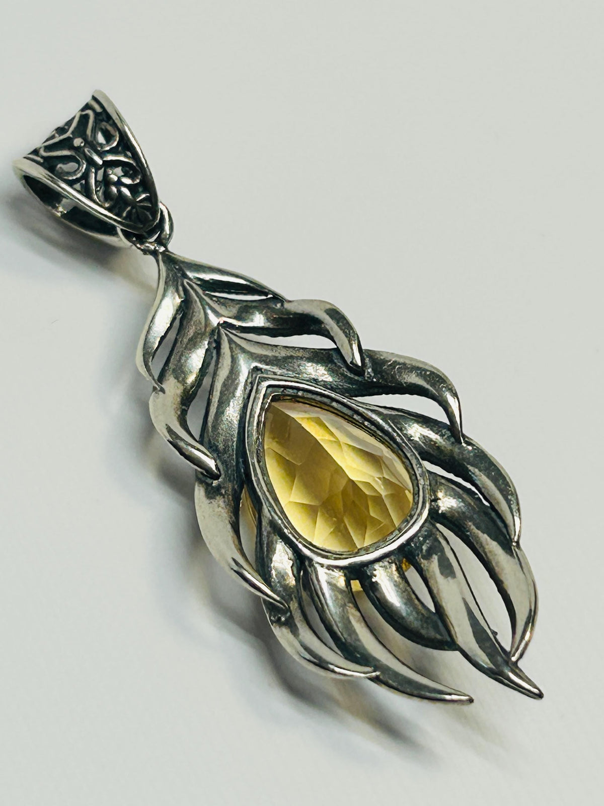 Feather Pendant with Citrine Teardrop in 925 Sterling Silver Celtic Dragon Jewellery