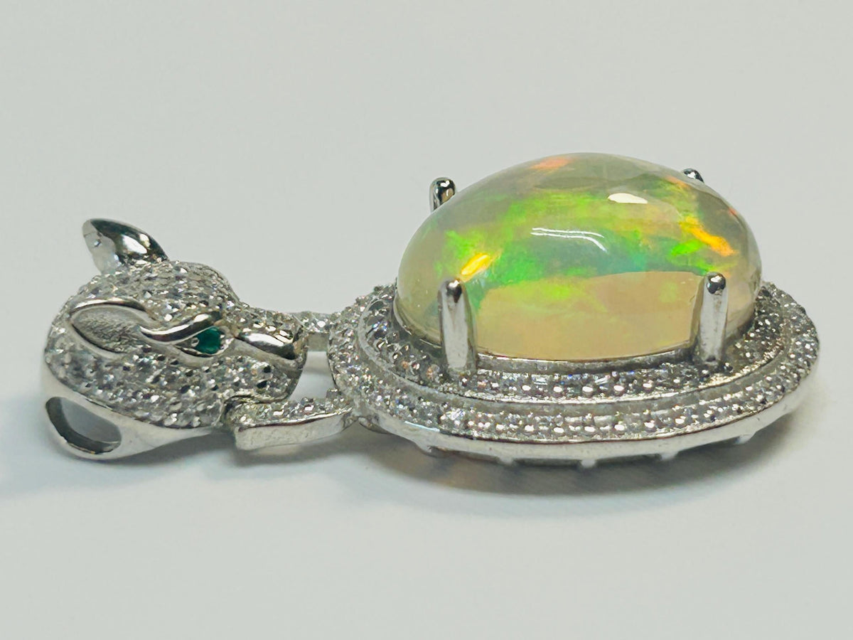 Leopard Pendant with Opal & Pave CZ: 925 Sterling Silver - Iced Out Jewellery Celtic Dragon Jewellery