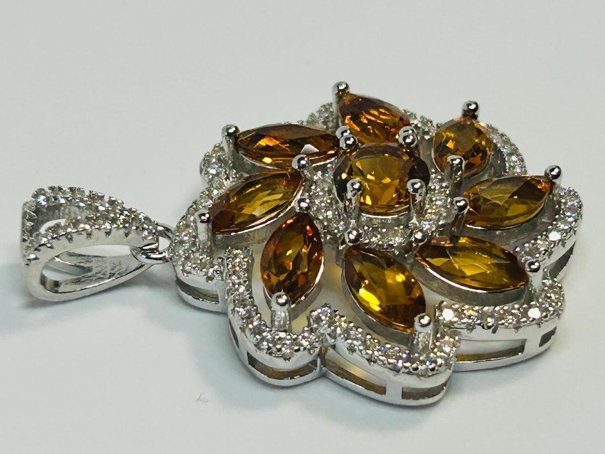 Citrine Flower Pendant - 925 Sterling Silver - CZ Floral Jewellery Celtic Dragon Jewellery