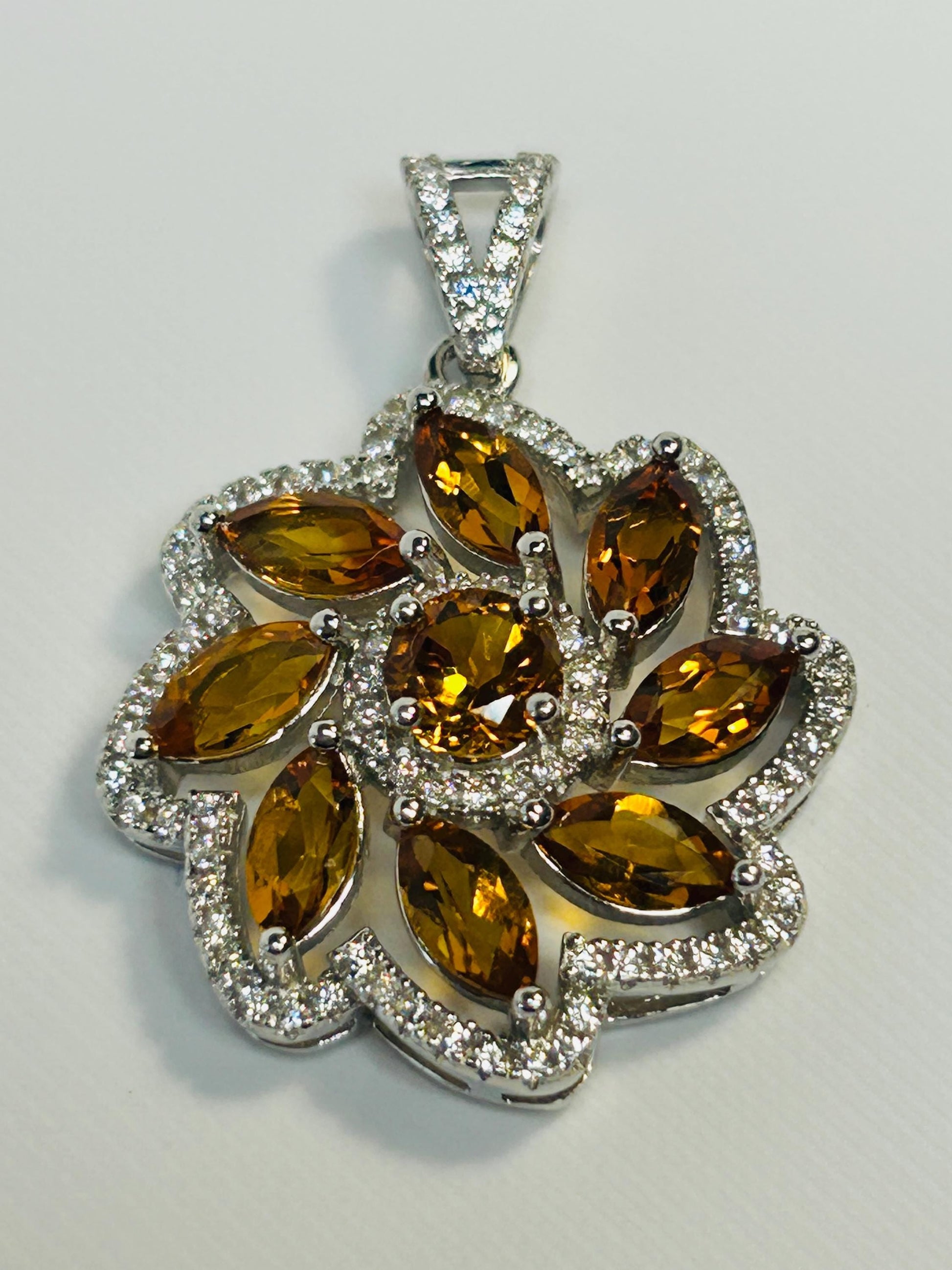 Citrine Flower Pendant - 925 Sterling Silver - CZ Floral Jewellery Celtic Dragon Jewellery