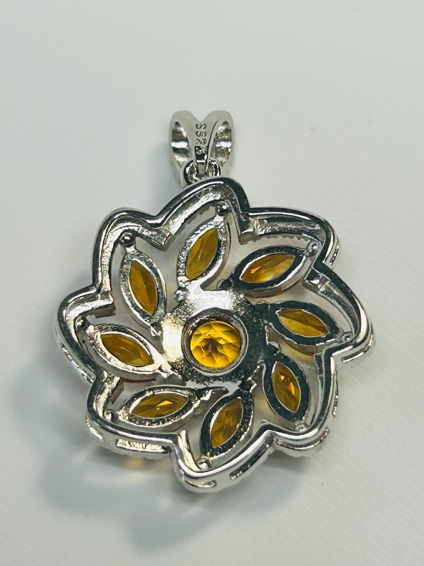 Citrine Flower Pendant - 925 Sterling Silver - CZ Floral Jewellery Celtic Dragon Jewellery