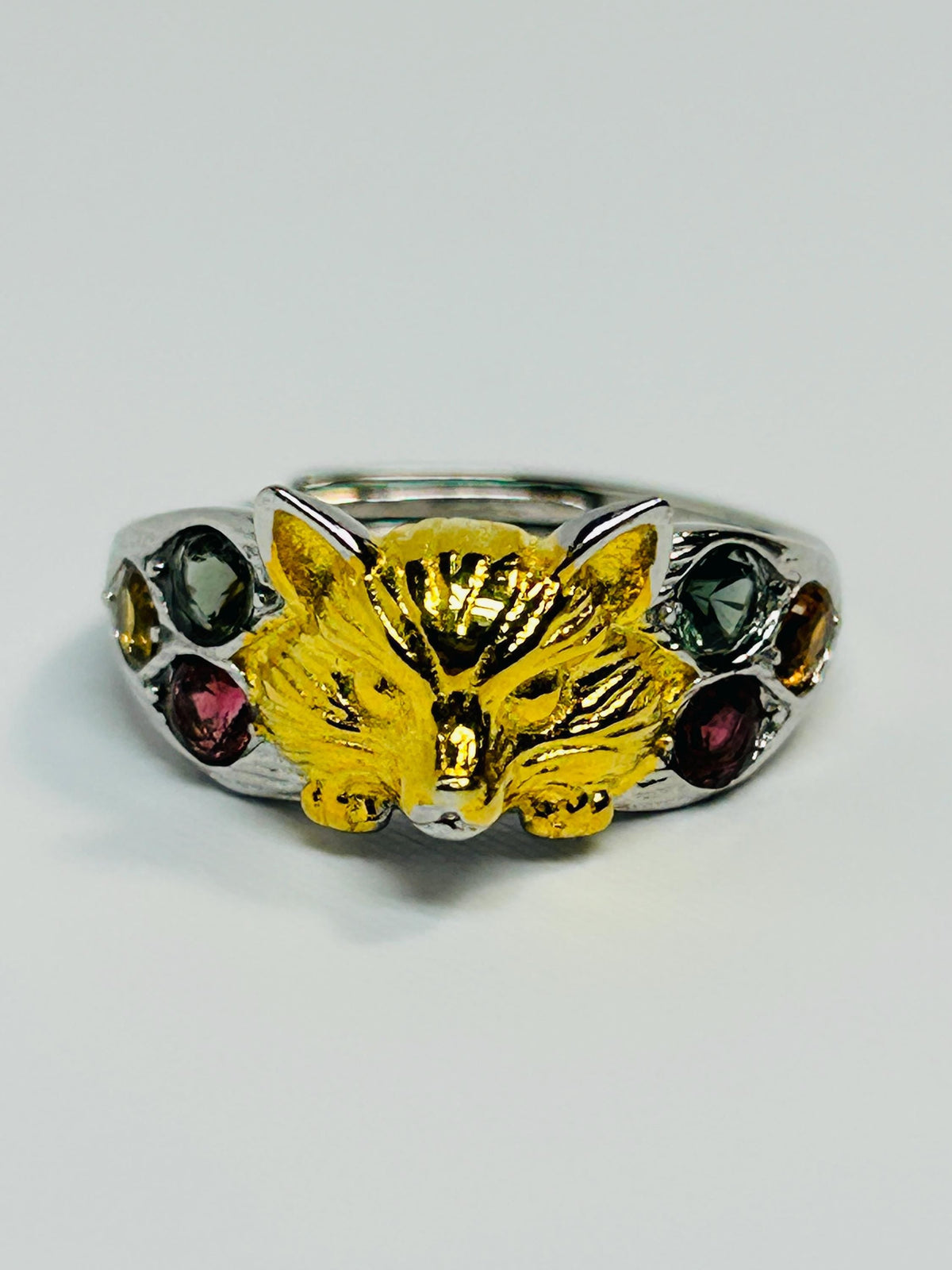 Fox Ring in 925 Sterling Silver with Multi Tourmaline Accents - Gold Plated Woodland Jewellery Celtic Dragon Jewellery