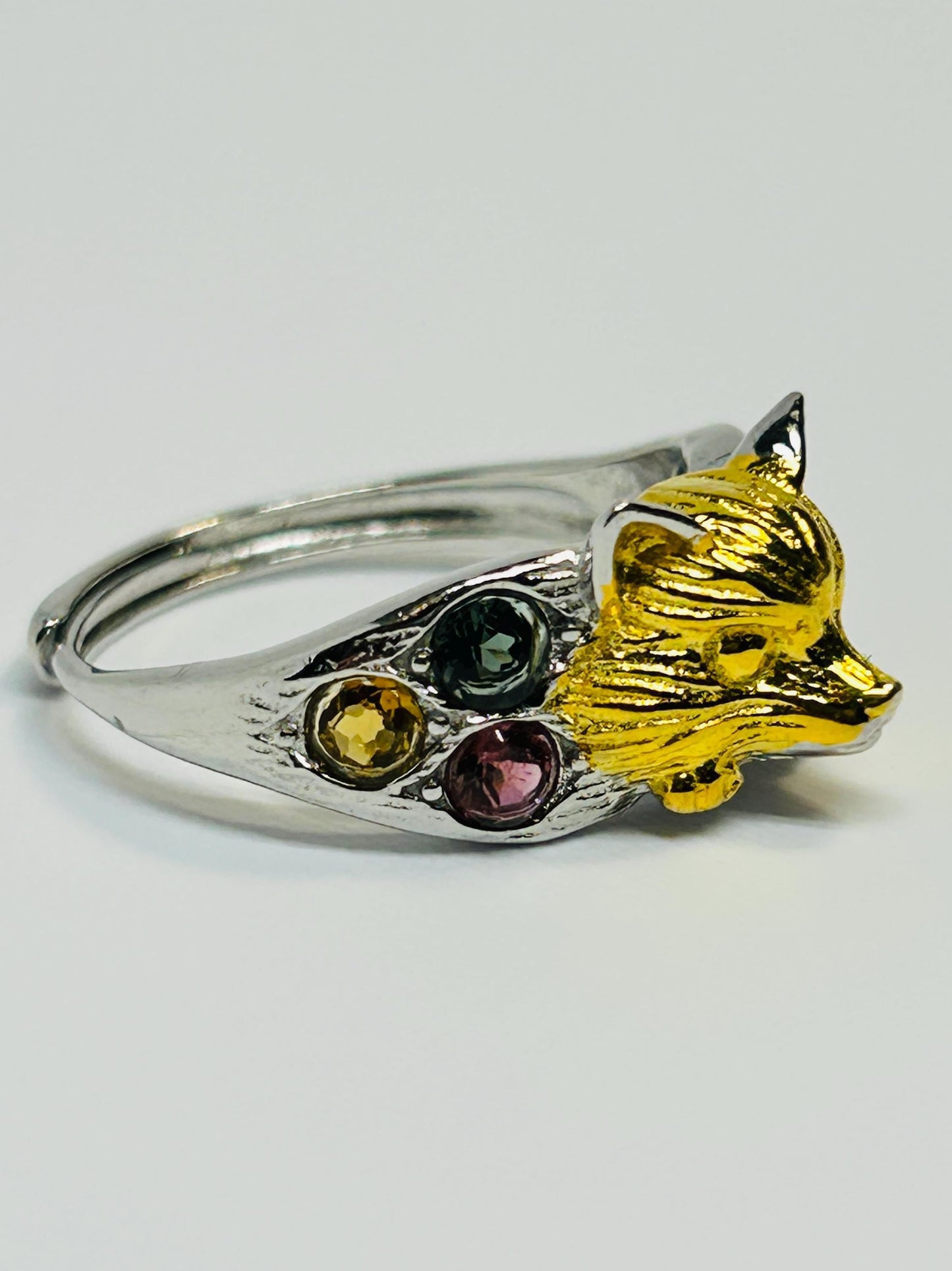 Fox Ring in 925 Sterling Silver with Multi Tourmaline Accents - Gold Plated Woodland Jewellery Celtic Dragon Jewellery
