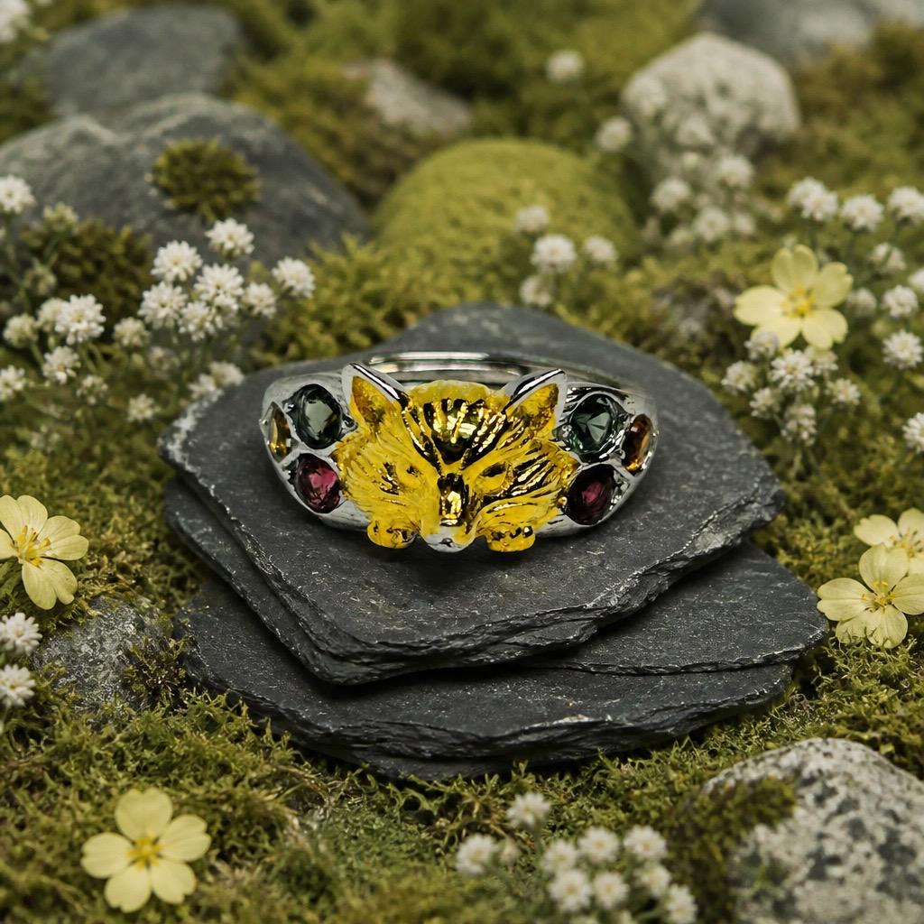 Fox Ring in 925 Sterling Silver with Multi Tourmaline Accents - Gold Plated Woodland Jewellery Celtic Dragon Jewellery