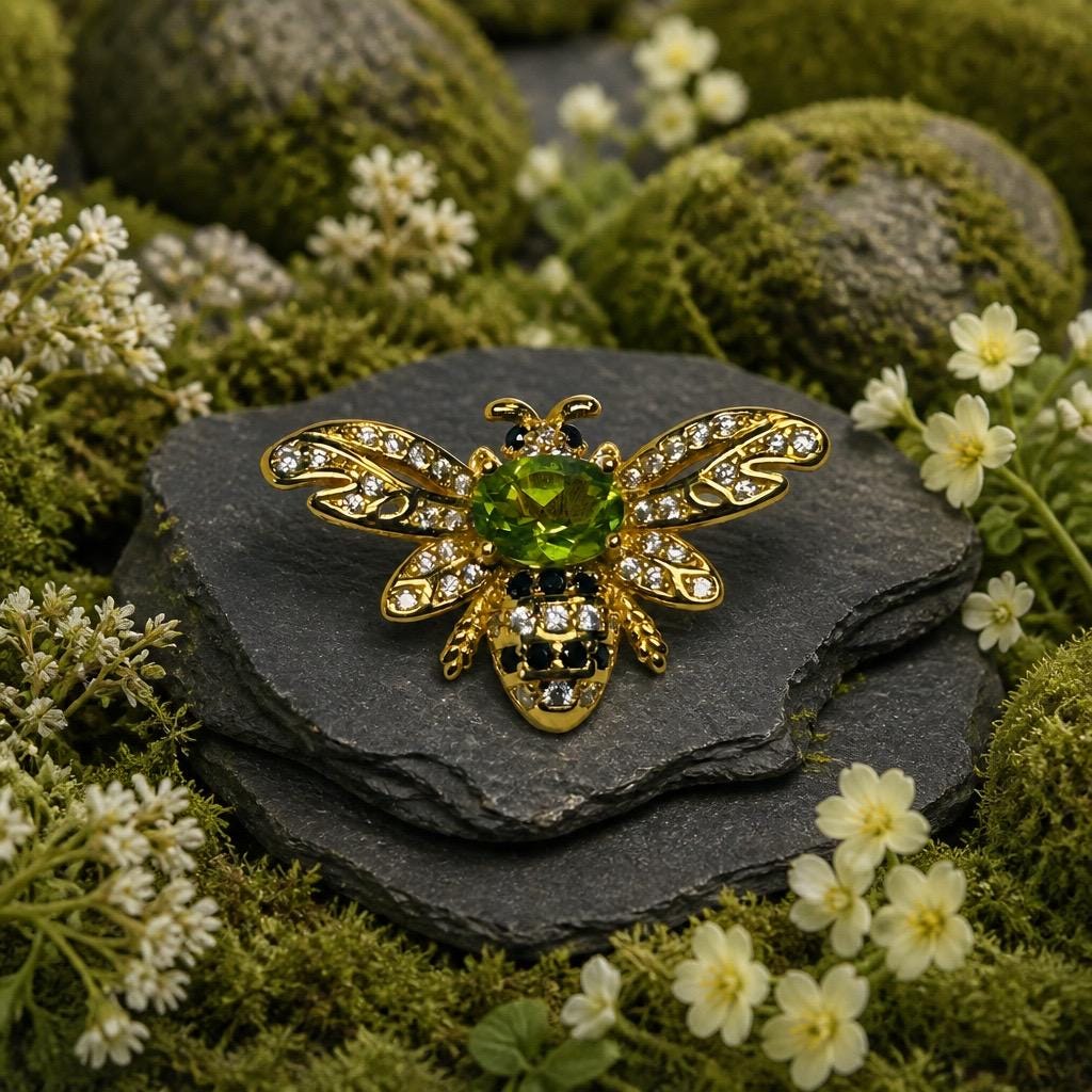 Peridot Honey Bee Pendant - Gold Plated 925 Sterling Silver - CZ Bee Jewellery Celtic Dragon Jewellery