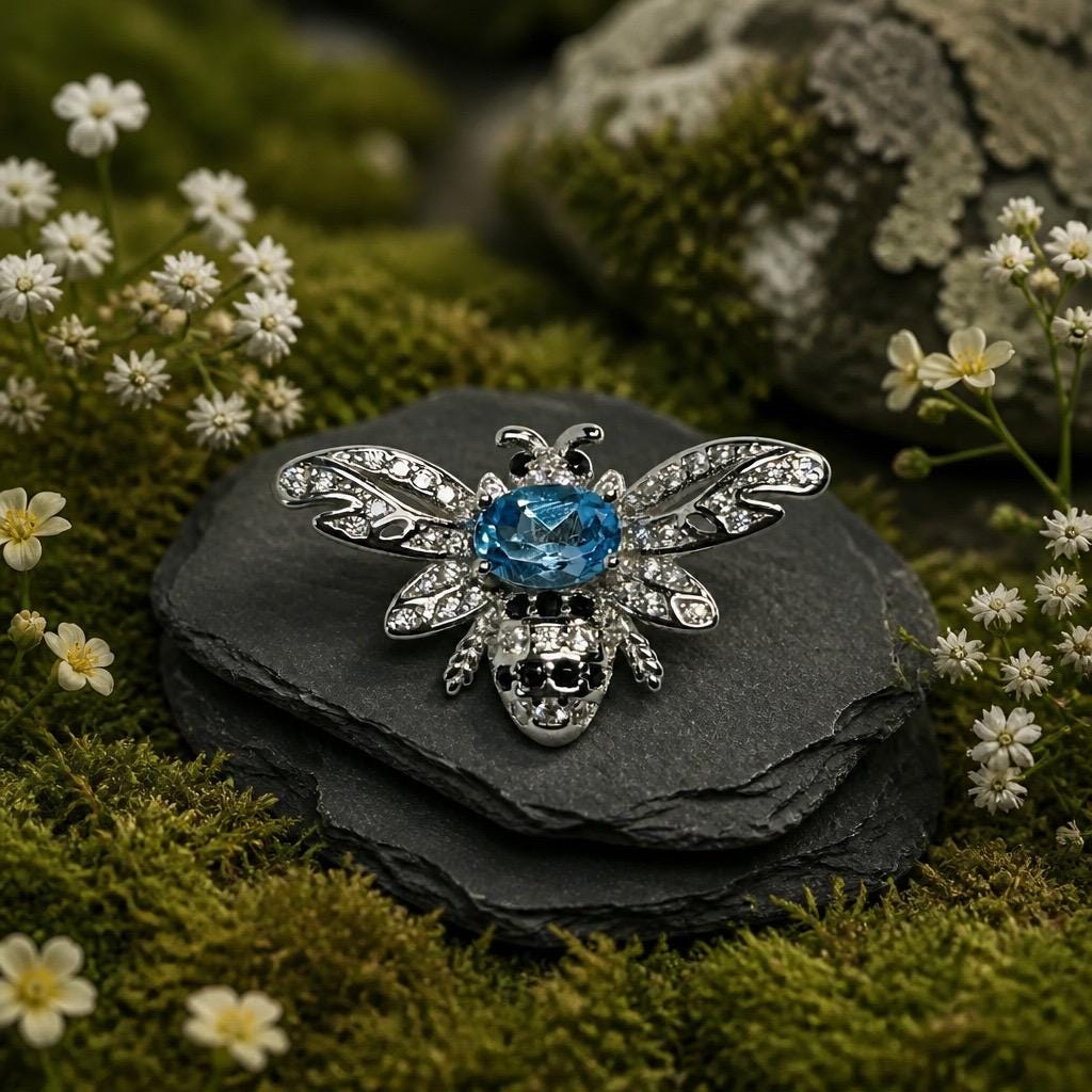 Blue Topaz Honey Bee Pendant - 925 Sterling Silver - CZ Bee Jewellery Celtic Dragon Jewellery