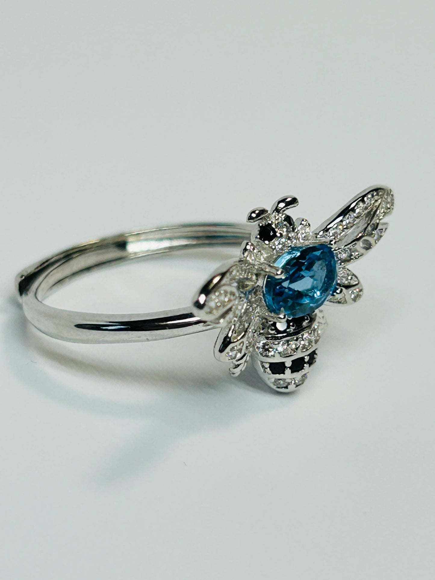 Blue Topaz Honey Bee Ring - 925 Sterling Silver - Adjustable CZ Bee Jewellery Celtic Dragon Jewellery