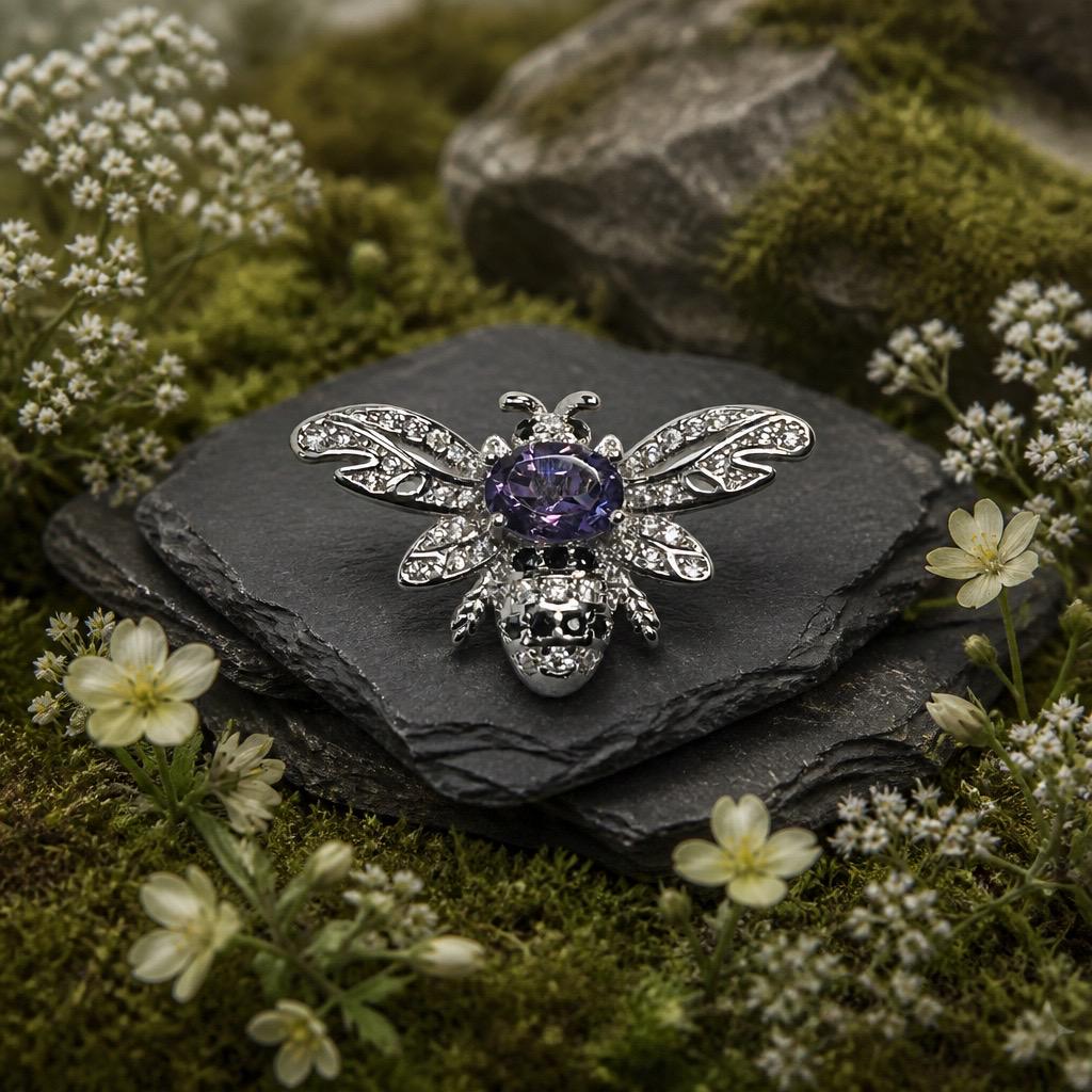 Amethyst Honey Bee Pendant - 925 Sterling Silver - CZ Bee Jewellery Celtic Dragon Jewellery