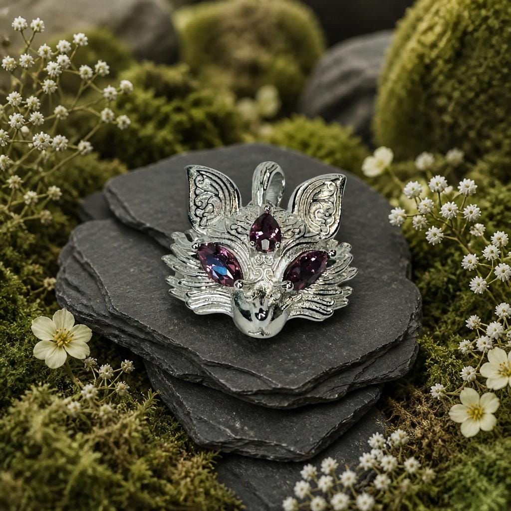 Fox Pendant with Pink Garnet - 925 Sterling Silver - Adjustable Woodland Jewellery Celtic Dragon Jewellery