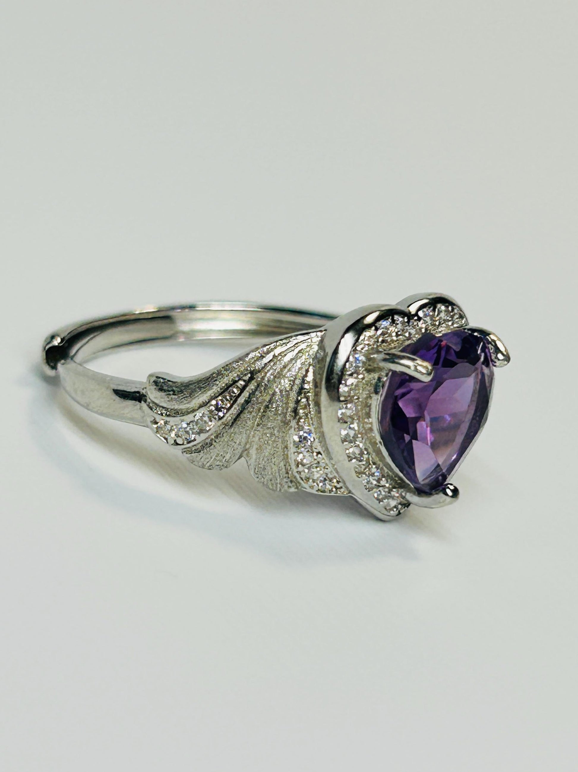 Amethyst Heart Ring, Adjustable 925 Sterling Silver, Faceted Gemstone, CZ Halo & Angel Wings Celtic Dragon Jewellery