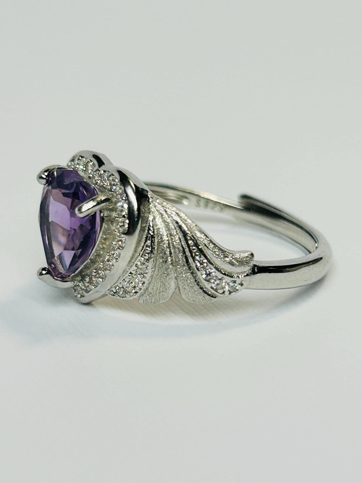 Amethyst Heart Ring, Adjustable 925 Sterling Silver, Faceted Gemstone, CZ Halo & Angel Wings Celtic Dragon Jewellery