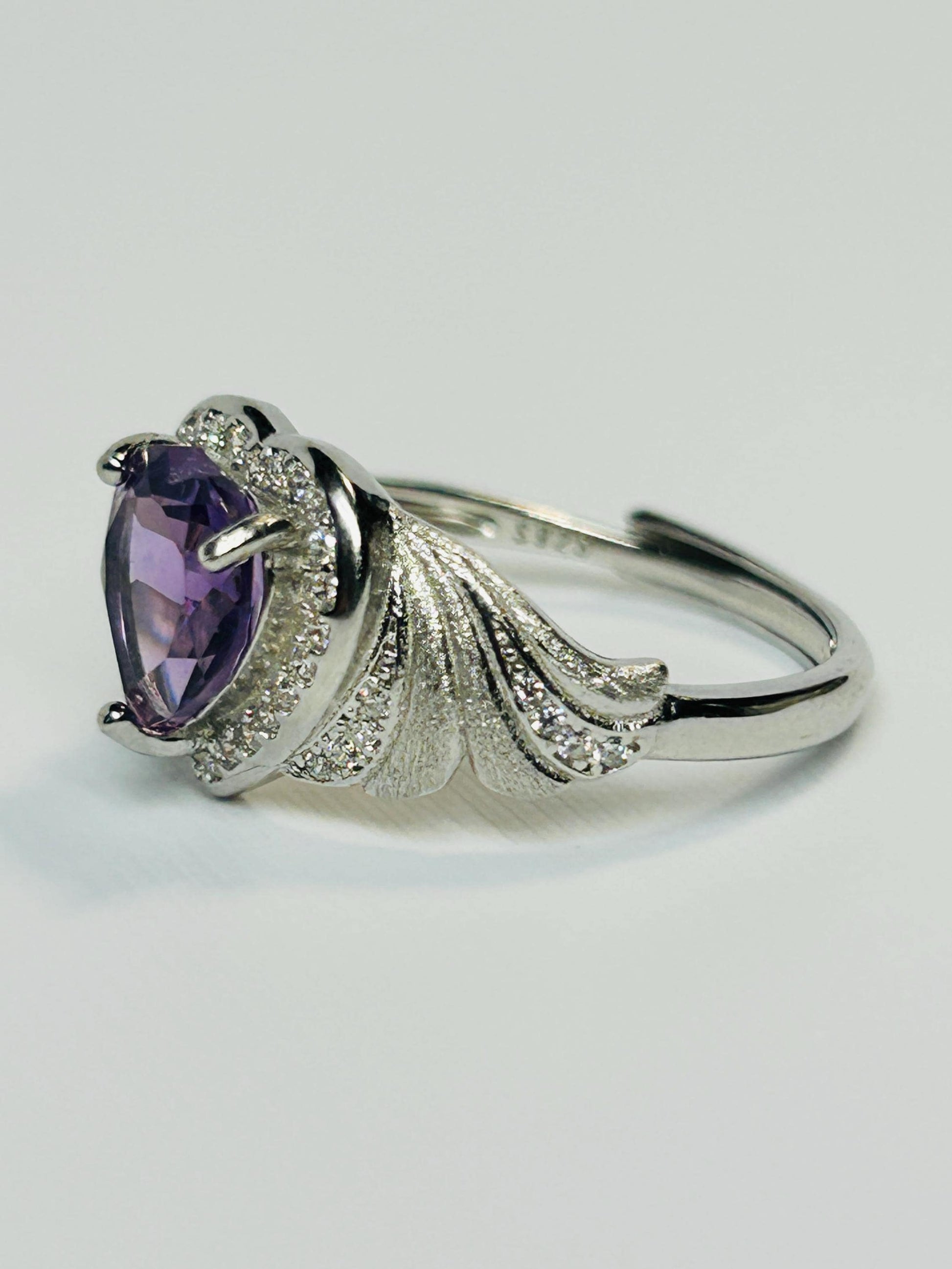 Amethyst Heart Ring, Adjustable 925 Sterling Silver, Faceted Gemstone, CZ Halo & Angel Wings Celtic Dragon Jewellery