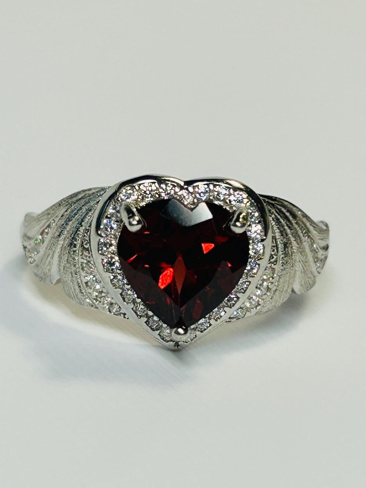 Garnet Heart Ring, Adjustable 925 Sterling Silver, Faceted Gemstone, CZ Halo & Angel Wings Celtic Dragon Jewellery
