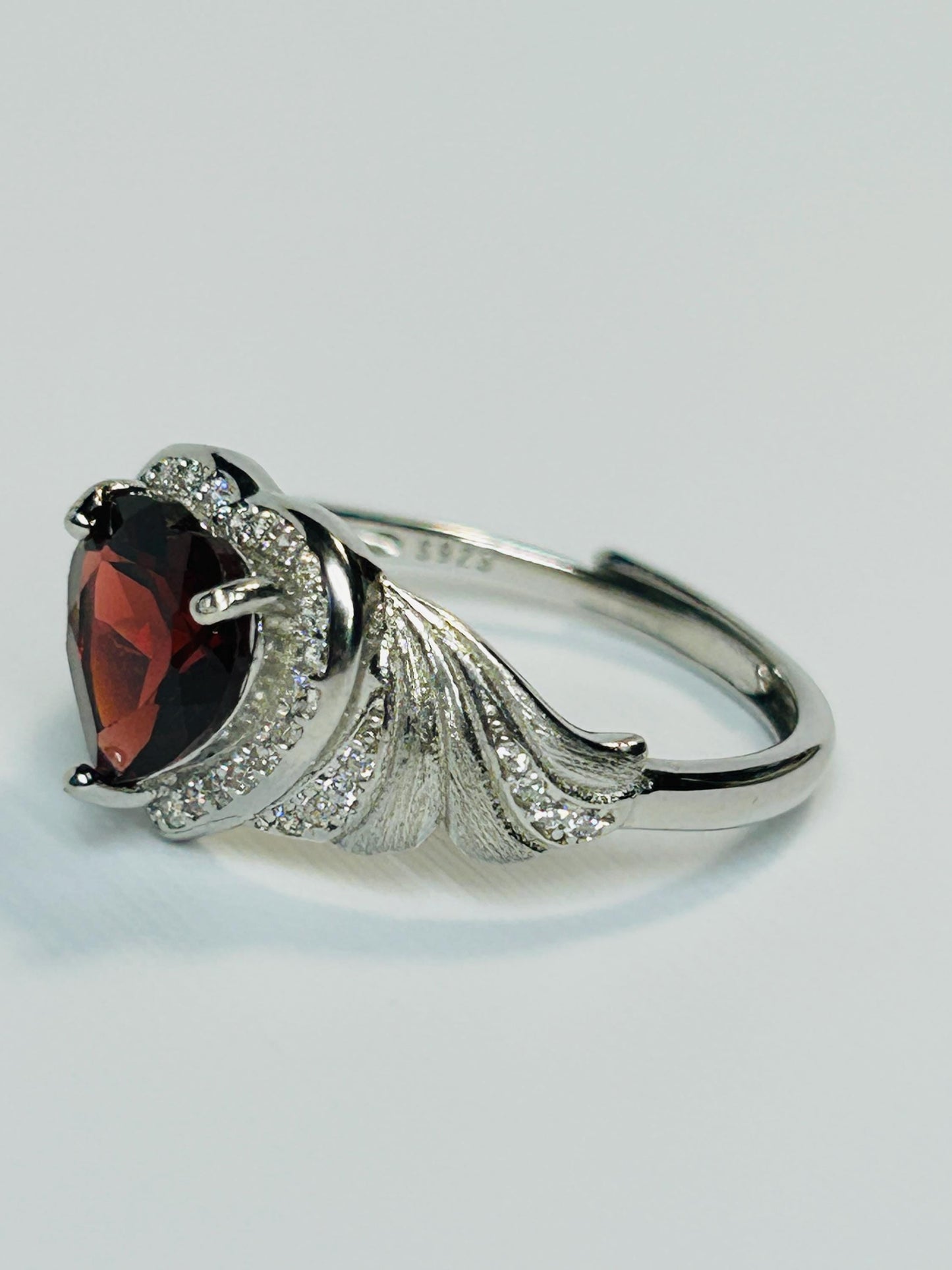 Garnet Heart Ring, Adjustable 925 Sterling Silver, Faceted Gemstone, CZ Halo & Angel Wings Celtic Dragon Jewellery