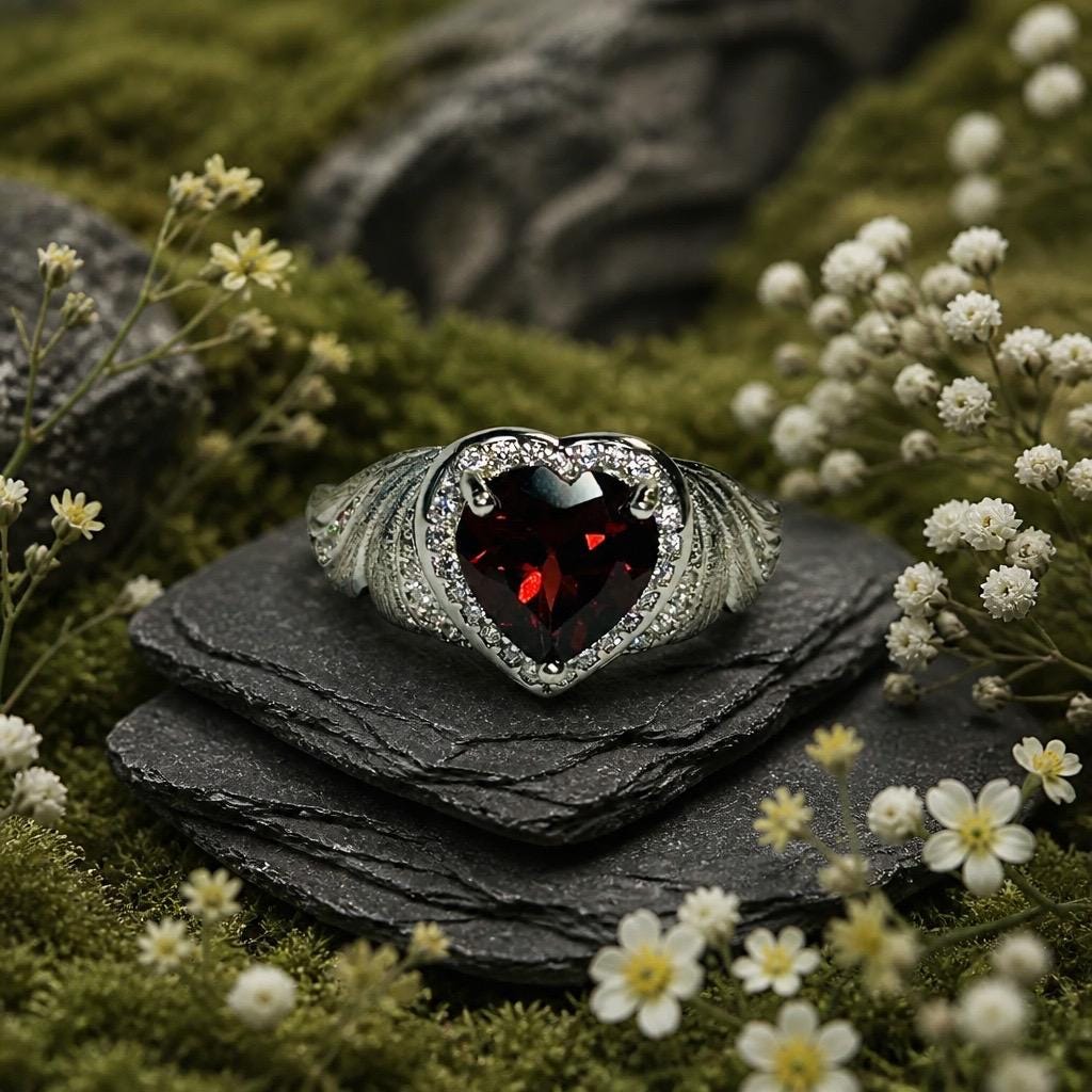 Garnet Heart Ring, Adjustable 925 Sterling Silver, Faceted Gemstone, CZ Halo & Angel Wings Celtic Dragon Jewellery