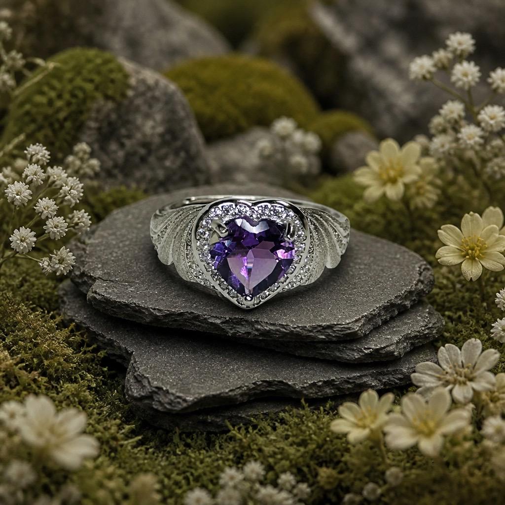 Amethyst Heart Ring, Adjustable 925 Sterling Silver, Faceted Gemstone, CZ Halo & Angel Wings Celtic Dragon Jewellery