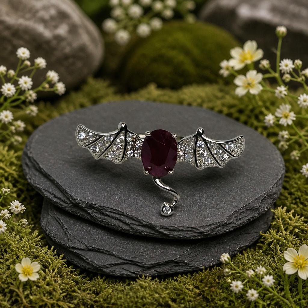 Sterling Silver Dragon Wing Ring with Natural Ruby, Gothic Alternative Engagement Ring Celtic Dragon Jewellery