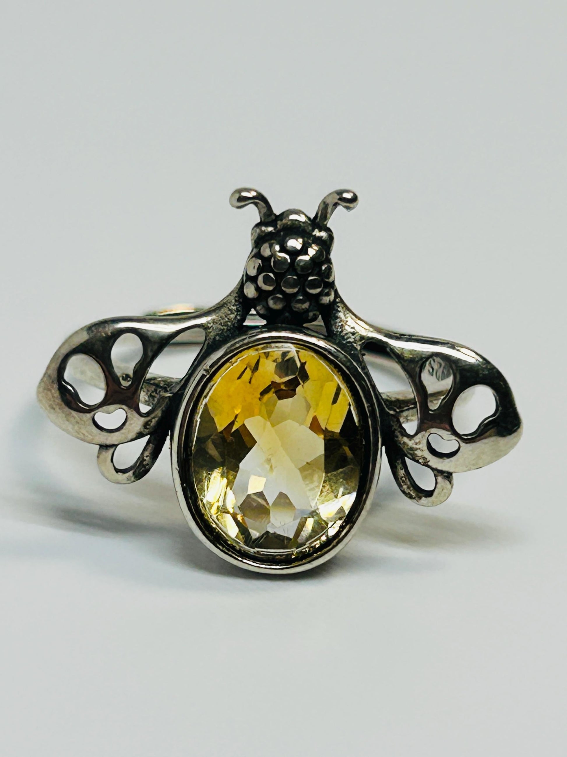 Honey Bee Ring with Faceted Citrine in 925 Sterling Silver & Adjustable Band Celtic Dragon Jewellery