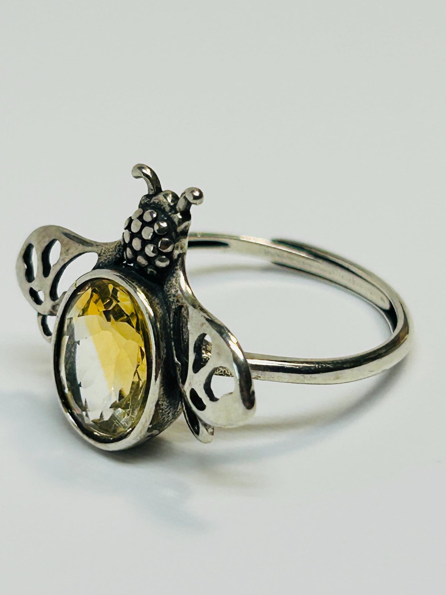 Honey Bee Ring with Faceted Citrine in 925 Sterling Silver & Adjustable Band Celtic Dragon Jewellery