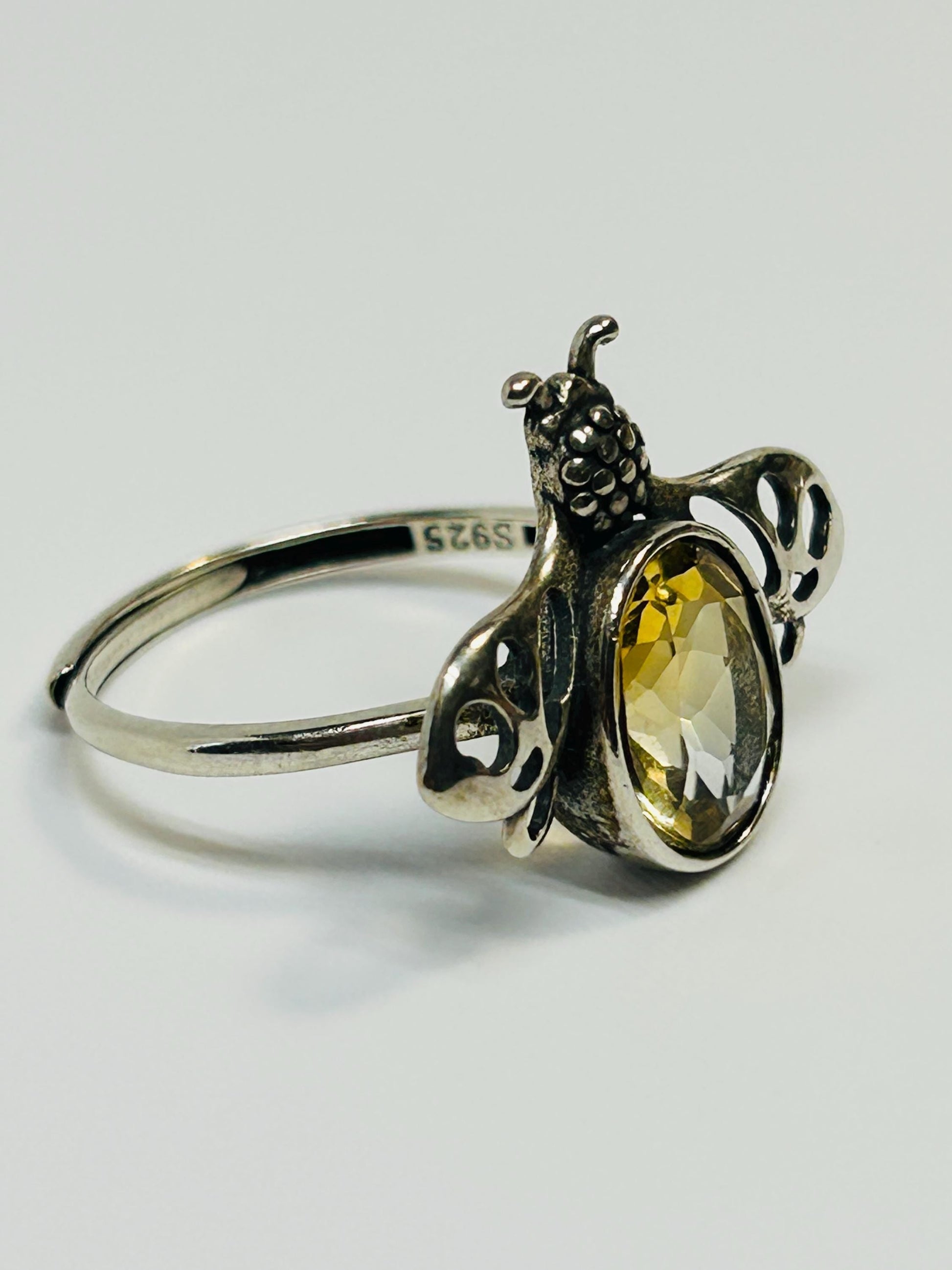 Honey Bee Ring with Faceted Citrine in 925 Sterling Silver & Adjustable Band Celtic Dragon Jewellery