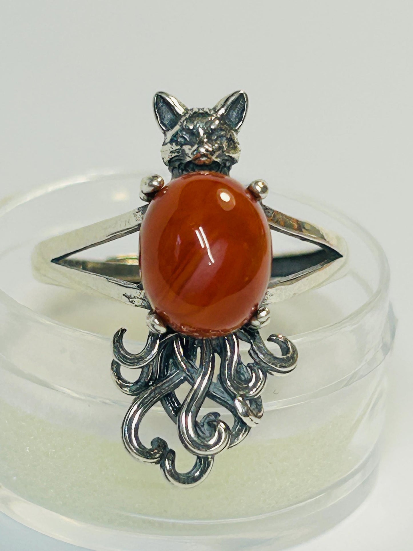 Red Jasper Nine-Tailed Fox Ring, Adjustable 925 Sterling Silver Kitsune Fantasy Jewellery Celtic Dragon Jewellery