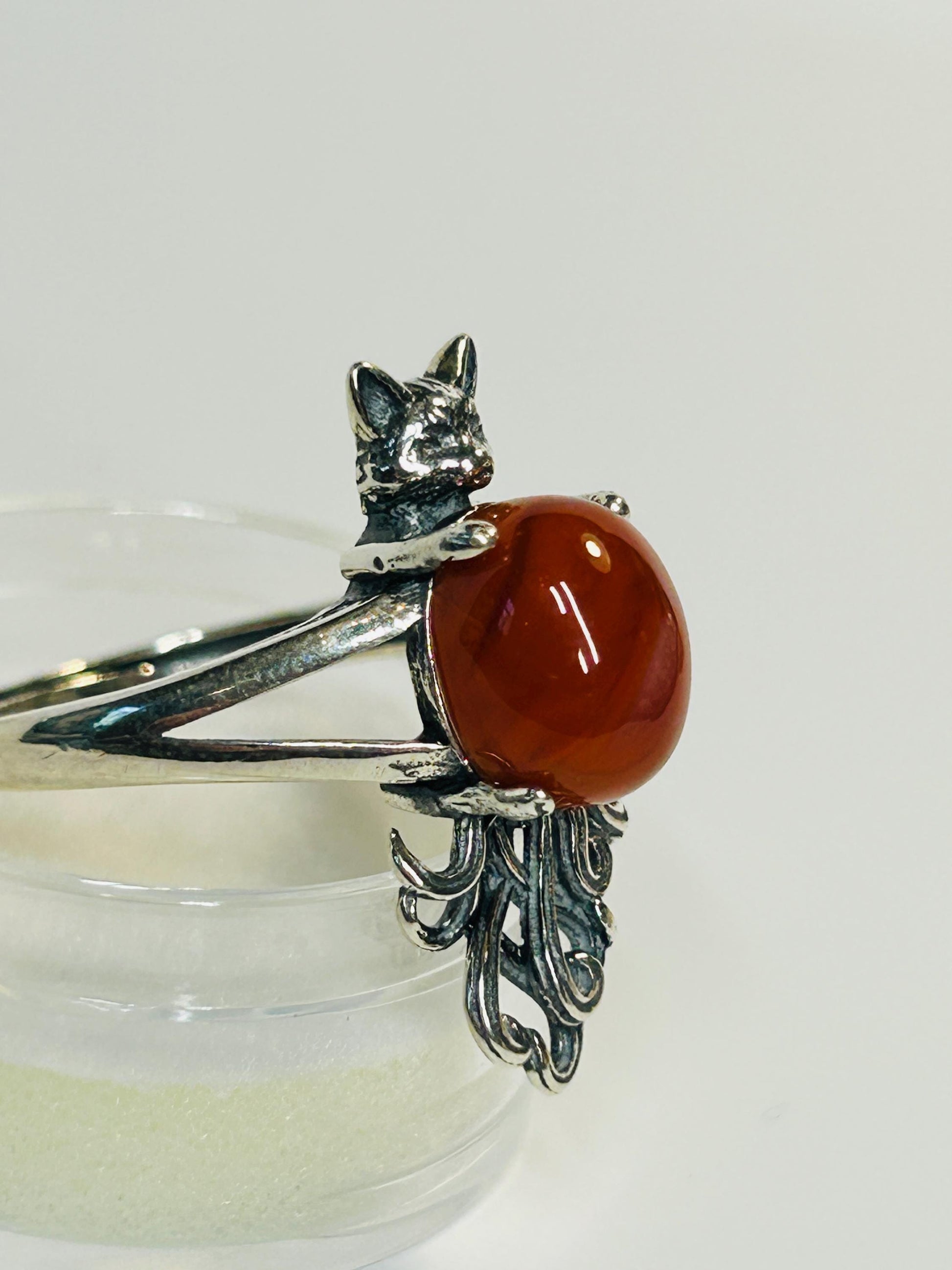 Red Jasper Nine-Tailed Fox Ring, Adjustable 925 Sterling Silver Kitsune Fantasy Jewellery Celtic Dragon Jewellery