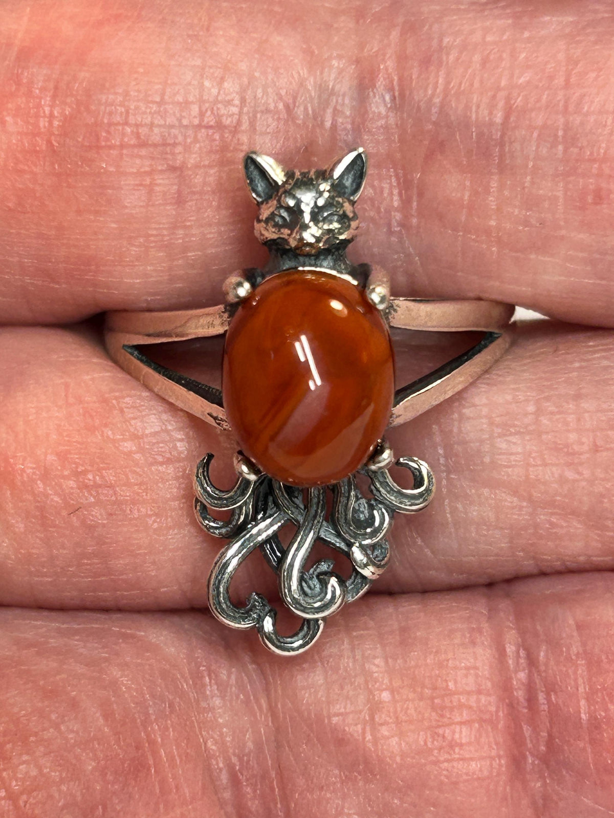 Red Jasper Nine-Tailed Fox Ring, Adjustable 925 Sterling Silver Kitsune Fantasy Jewellery Celtic Dragon Jewellery