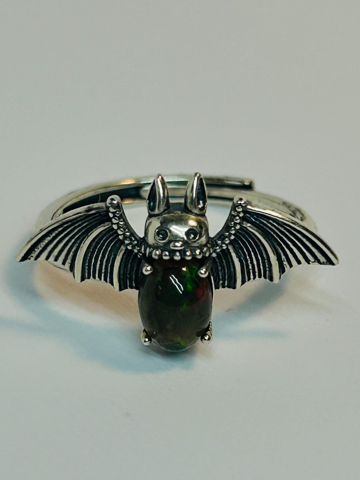 Black Opal Gothic Bat Ring, 925 Sterling Silver Winged Statement Ring Celtic Dragon Jewellery