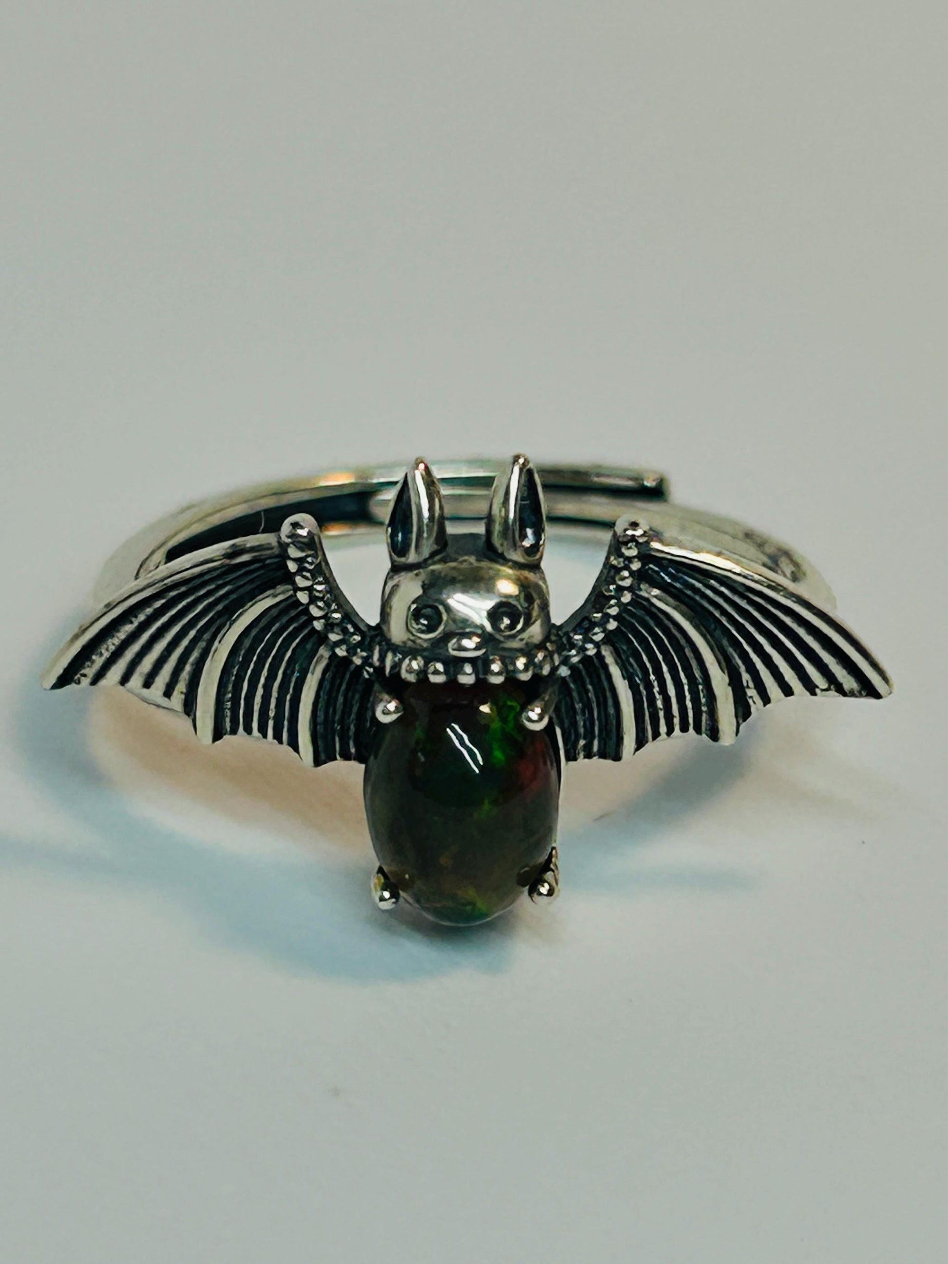 Black Opal Gothic Bat Ring, 925 Sterling Silver Winged Statement Ring Celtic Dragon Jewellery