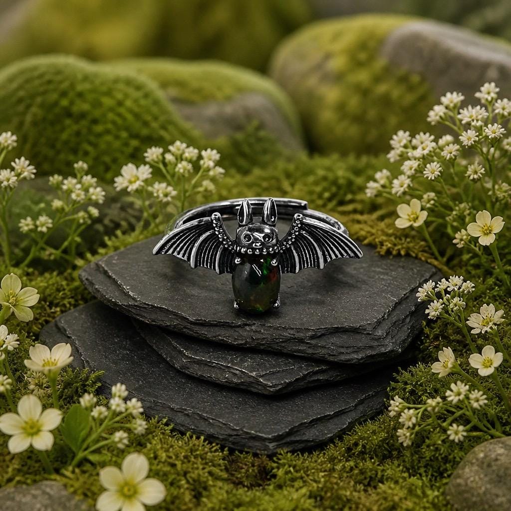 Black Opal Gothic Bat Ring, 925 Sterling Silver Winged Statement Ring Celtic Dragon Jewellery