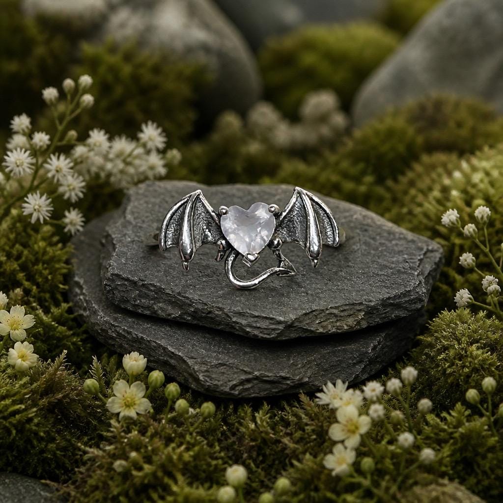 Gothic Bat Ring with Rose Quartz: 925 Sterling Silver Winged Statement Ring Celtic Dragon Jewellery
