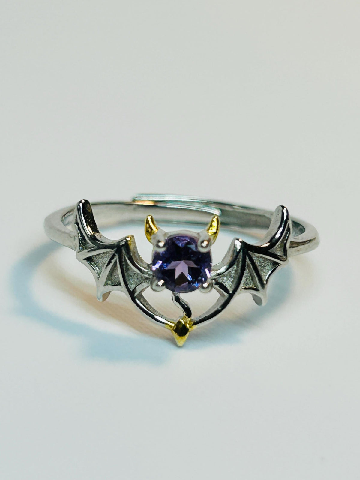 Gothic Bat Ring with Amethyst: 925 Sterling Silver Winged Statement Ring Celtic Dragon Jewellery