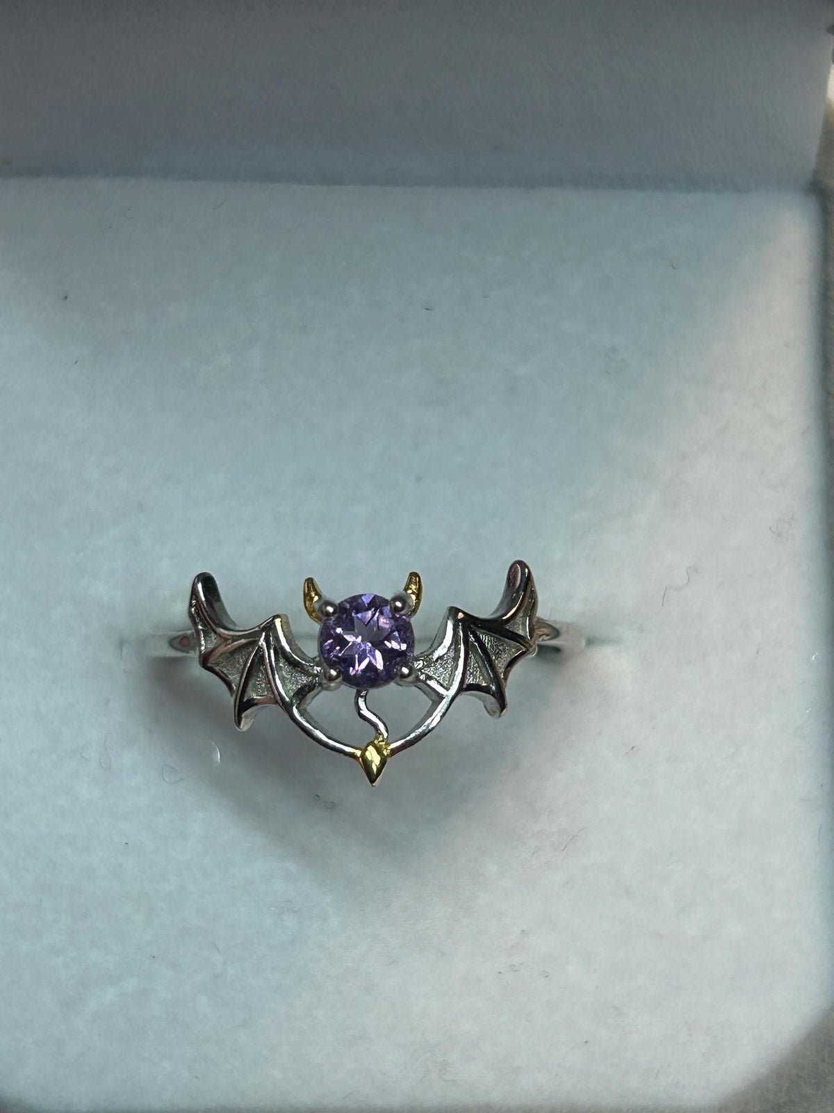 Gothic Bat Ring with Amethyst: 925 Sterling Silver Winged Statement Ring Celtic Dragon Jewellery