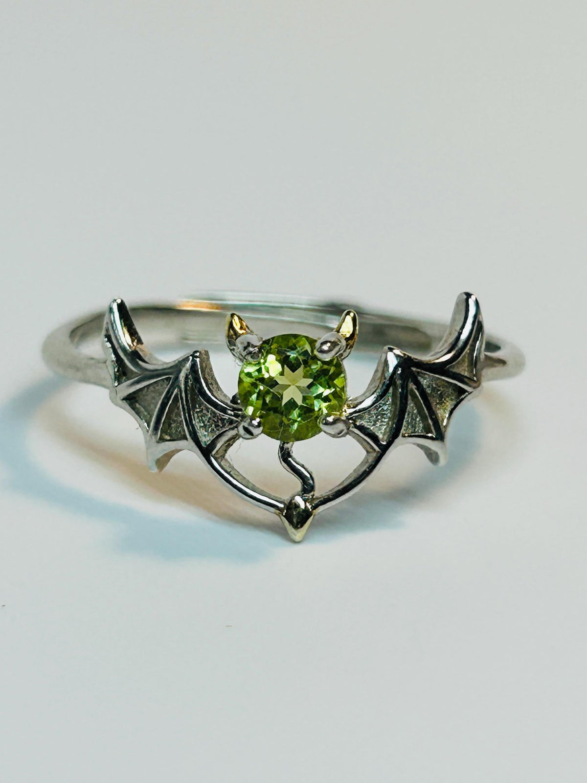 Gothic Bat Ring with Peridot: 925 Sterling Silver Winged Statement Ring Celtic Dragon Jewellery