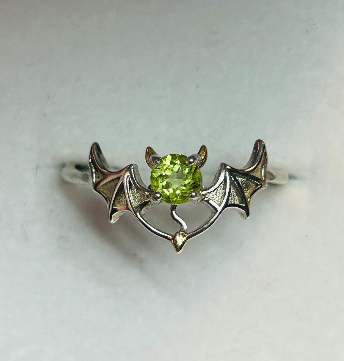 Gothic Bat Ring with Peridot: 925 Sterling Silver Winged Statement Ring Celtic Dragon Jewellery