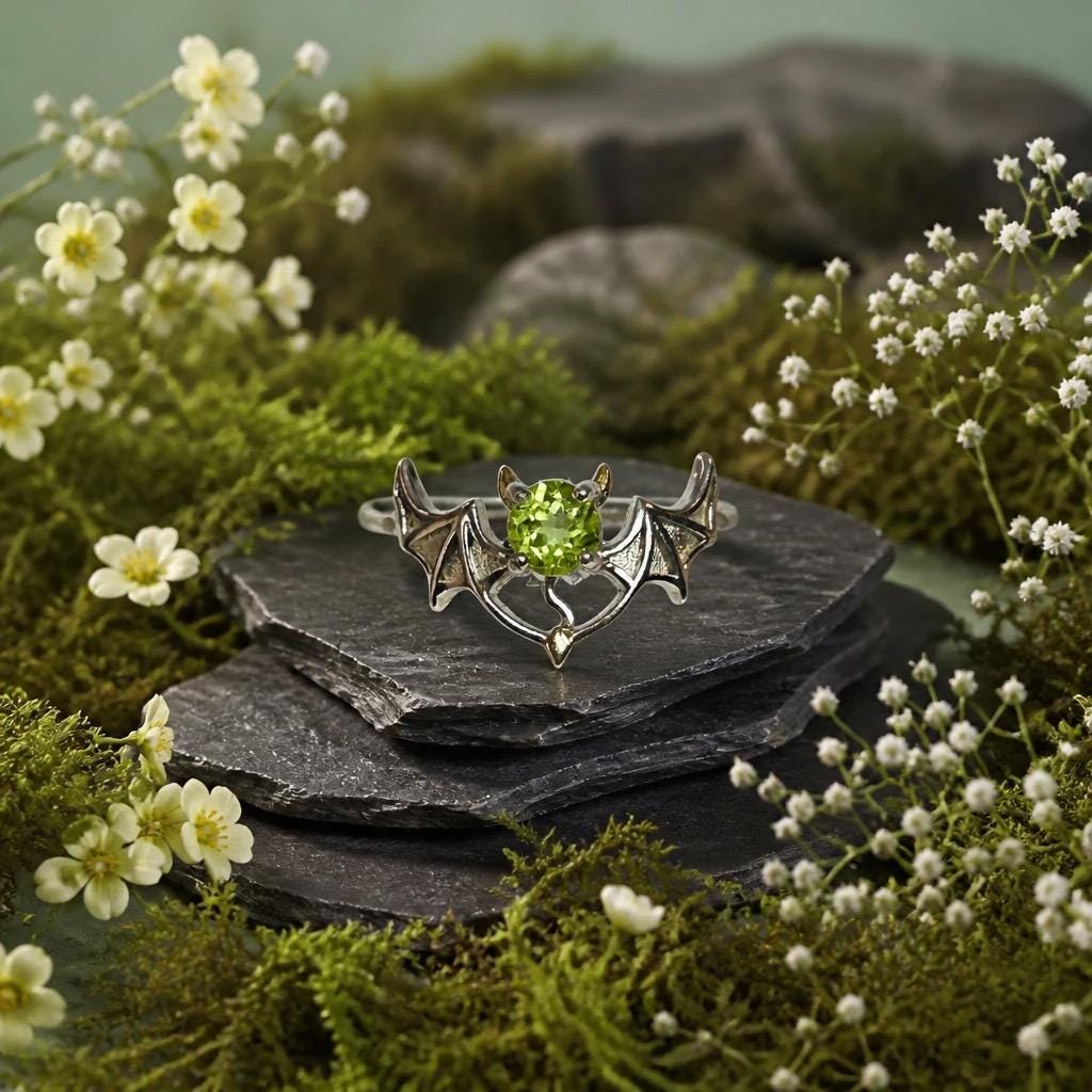 Gothic Bat Ring with Peridot: 925 Sterling Silver Winged Statement Ring Celtic Dragon Jewellery