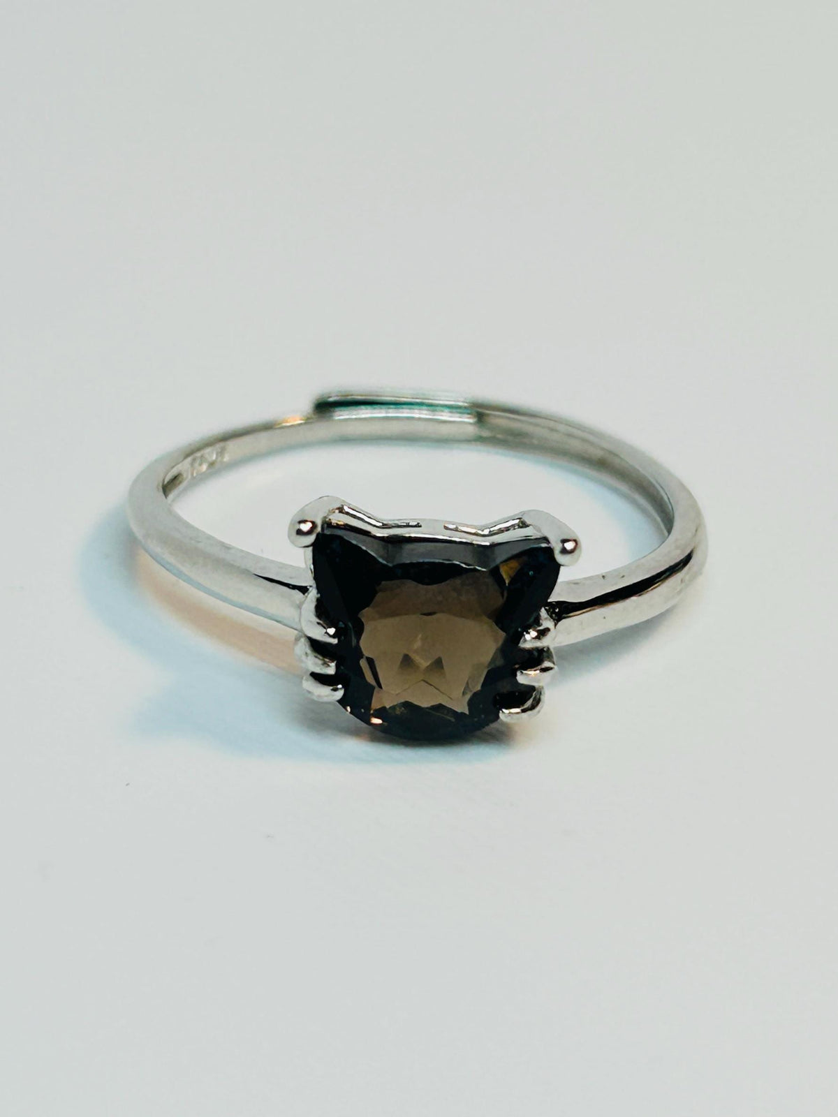 Smoky Quartz Cat Ring – Sterling Silver Adjustable Band, Gothic Mystical Design Celtic Dragon Jewellery