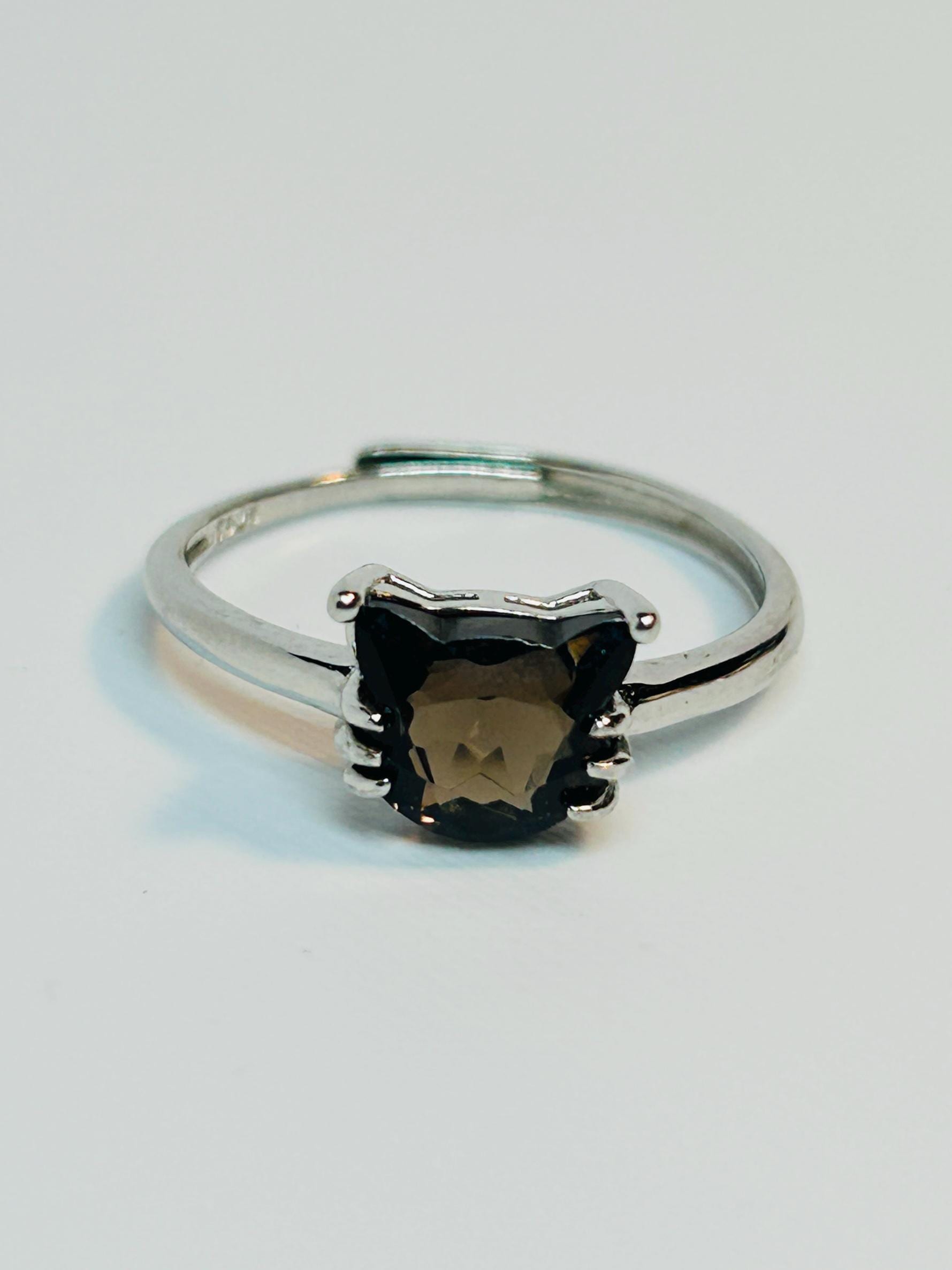 Smoky Quartz Cat Ring – Sterling Silver Adjustable Band, Gothic Mystical Design Celtic Dragon Jewellery
