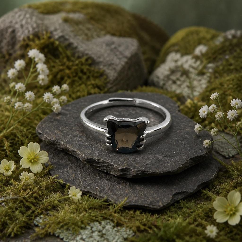 Smoky Quartz Cat Ring – Sterling Silver Adjustable Band, Gothic Mystical Design Celtic Dragon Jewellery