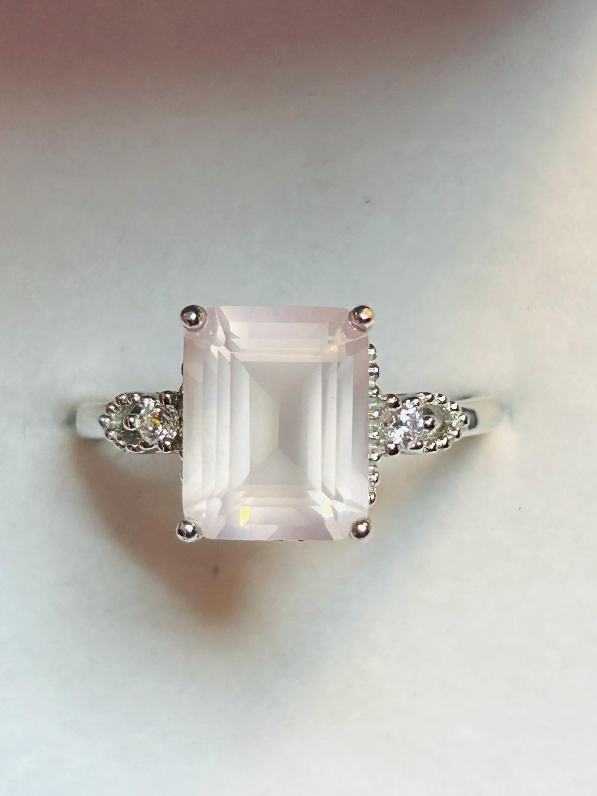 Rose Quartz Ring, 925 Sterling Silver - Rectangular Gemstone with CZ Accents Celtic Dragon Jewellery