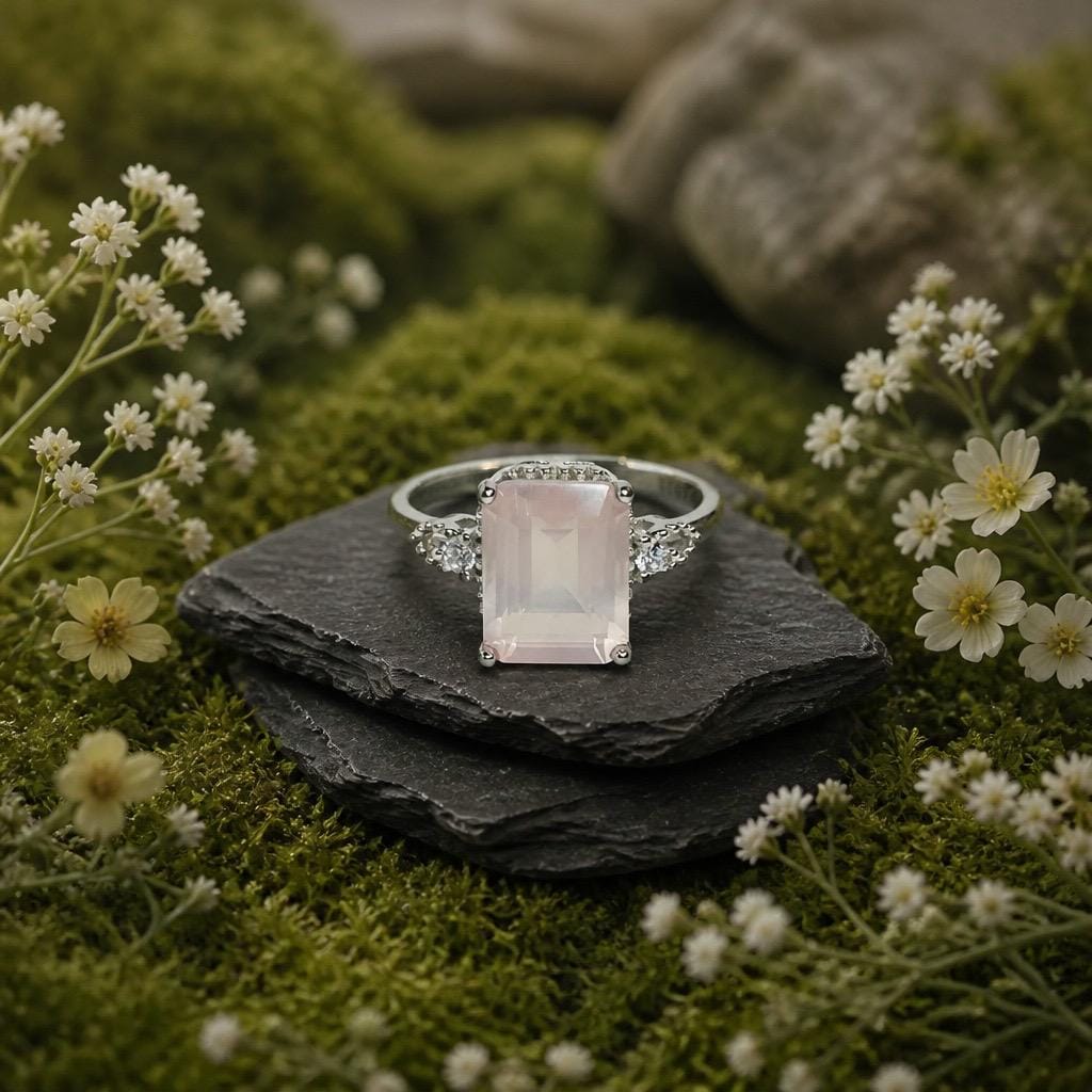 Rose Quartz Ring, 925 Sterling Silver - Rectangular Gemstone with CZ Accents Celtic Dragon Jewellery