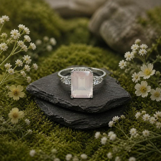 Rose Quartz Ring, 925 Sterling Silver - Rectangular Gemstone with CZ Accents Celtic Dragon Jewellery