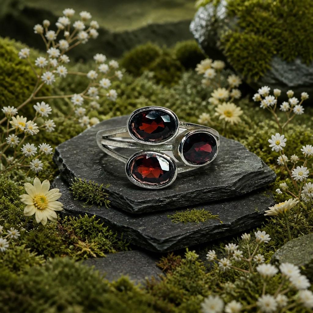 Garnet Three Stone Ring, 925 Sterling Silver Adjustable Crossover Jewellery Celtic Dragon Jewellery