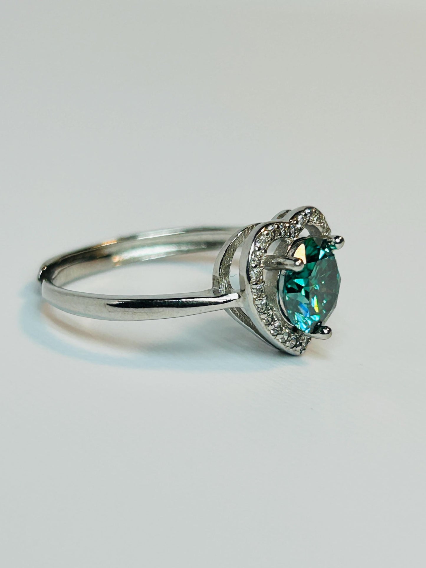 Green Moissanite Ring, Round Stone Open Heart CZ - Adjustable 925 Sterling Silver Celtic Dragon Jewellery