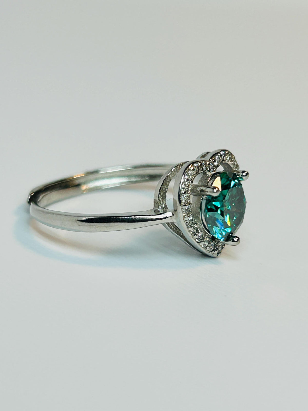 Green Moissanite Ring, Round Stone Open Heart CZ - Adjustable 925 Sterling Silver Celtic Dragon Jewellery